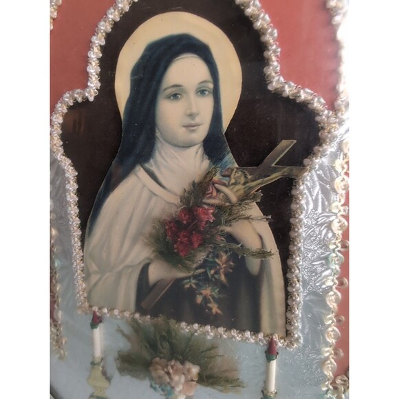 Antique Convex Glass Wall Picture St. Therese Of Lisieux 30's Mary Icon MCM - Picture 6 of 9